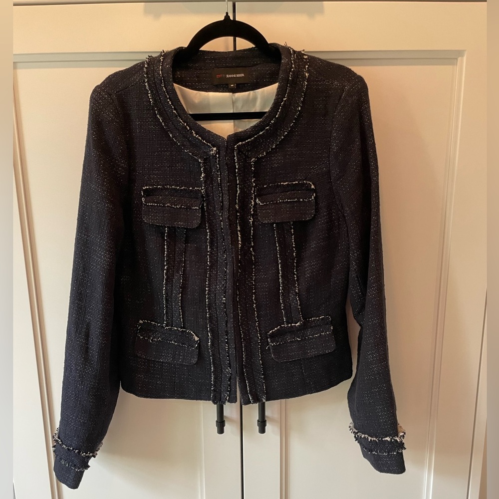 Jeanne Beker Navy Tweed Fringe Jacket – Size 10